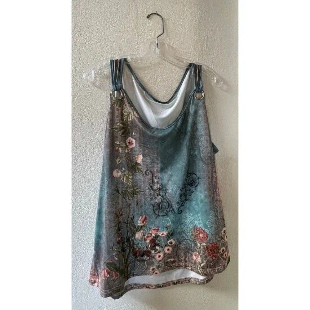 Teal Floral Print Tank Top Strappy O-Ring Straps Sleeveless Women's XL
